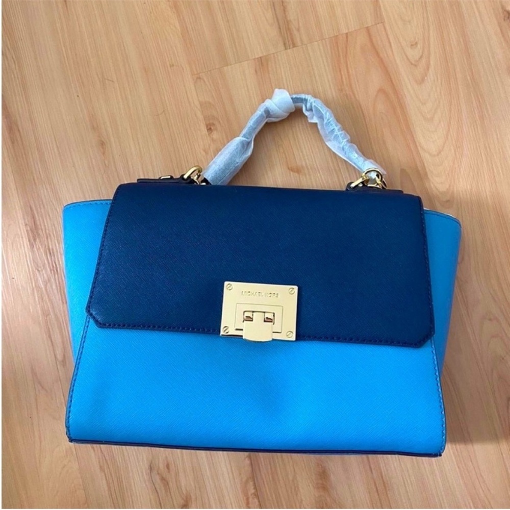 Michael Kors Tina Medium Leather Satchel Shoulder Handbag Sky/Navy - Picture 2 of 9
